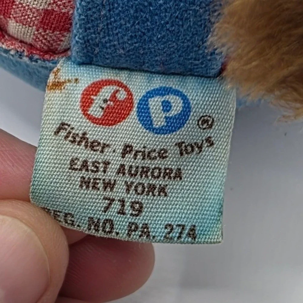 Fisher Price Plush Roly Poly Bear Brown Gingham Yellow Bib 719 7x6in